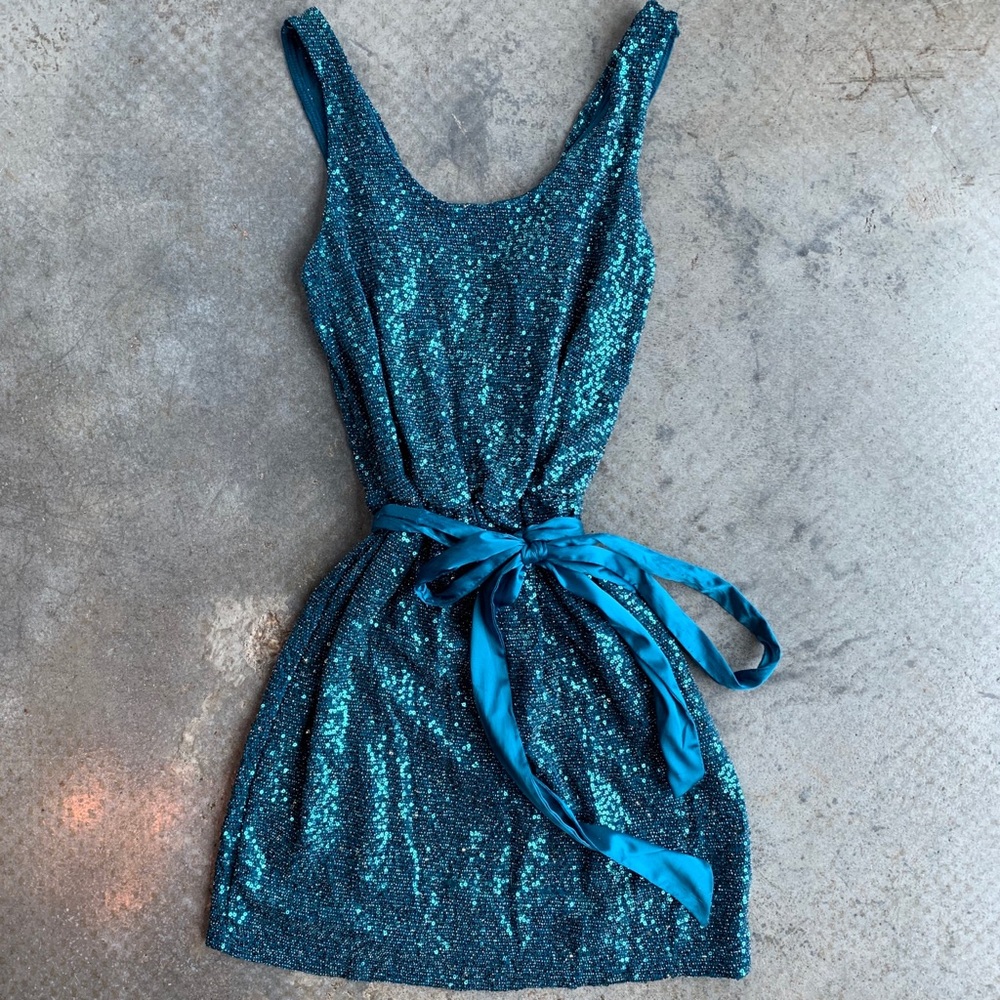 Express blue sequin dress with silk tie belt